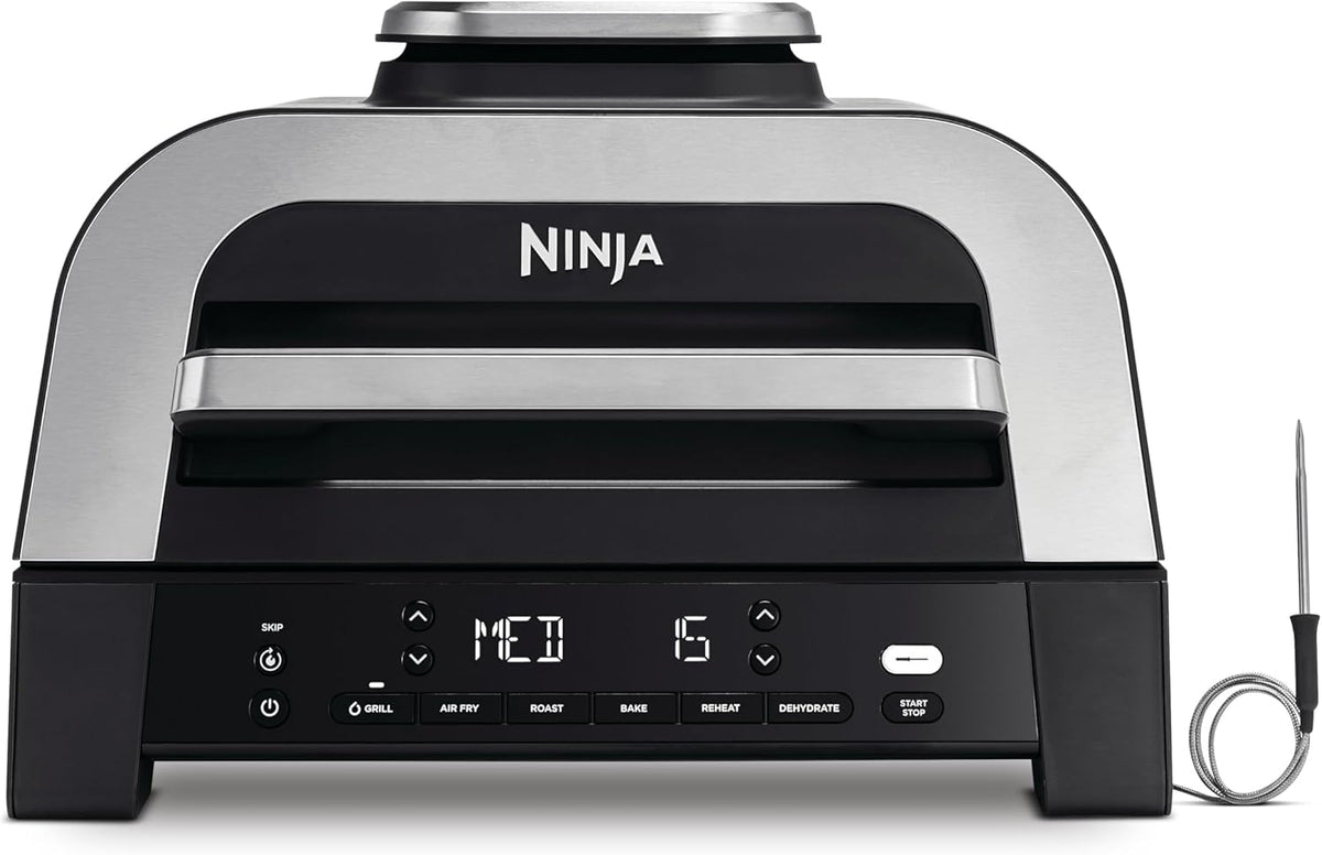 Ninja MAX 6-en-1 Grill d’intérieur et friteuse sans huile, 6 modes, cuit jusqu’à 6 hamburgers, capacité 3,8 l, faible dégagement de fumée, thermomètre à viande numérique inclus, Gris/Argent, DG551EU