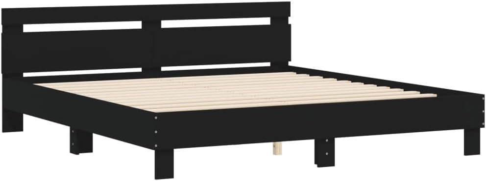 vidaXL Cadre de Lit avec Tête de Lit, Lit Double avec Sommier à Lattes, Lit Adulte, Meuble de Chambre, Moderne, Noir 180x200 cm Bois d'Ingénierie
