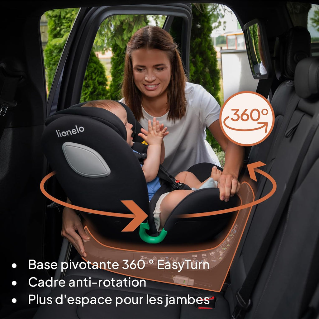 LIONELO Braam siege auto de 0 à 36 kg, jambe de force et Isofix ou ceintures de sécurité de voiture, rotation à 360 degrés face à la route ou dos à la route (Carbone Noir, BRAAM)
