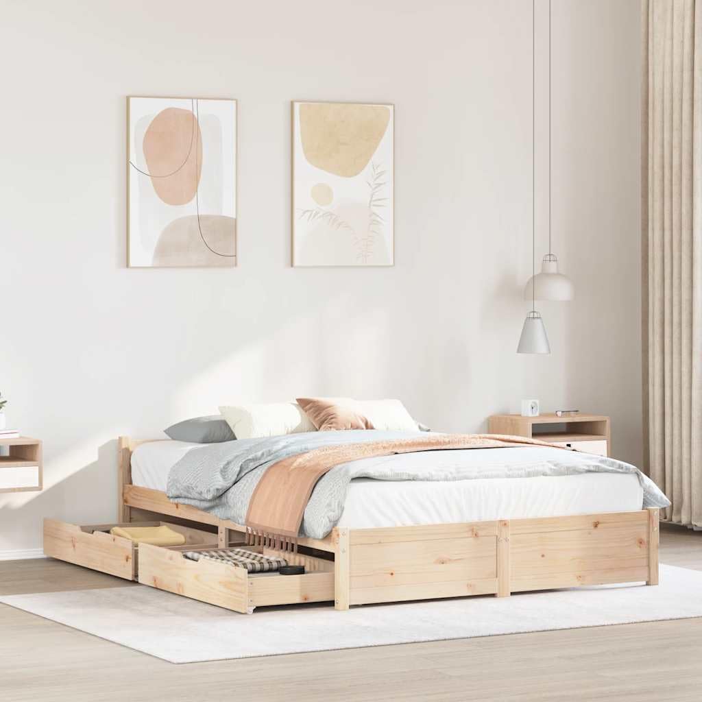 vidaXL Cadre de lit avec tiroirs 140x190 cm Bois de pin Massif, sommier, Cadre de lit Double, Cadre de lit en Bois Massif, Meuble de Chambre à Coucher