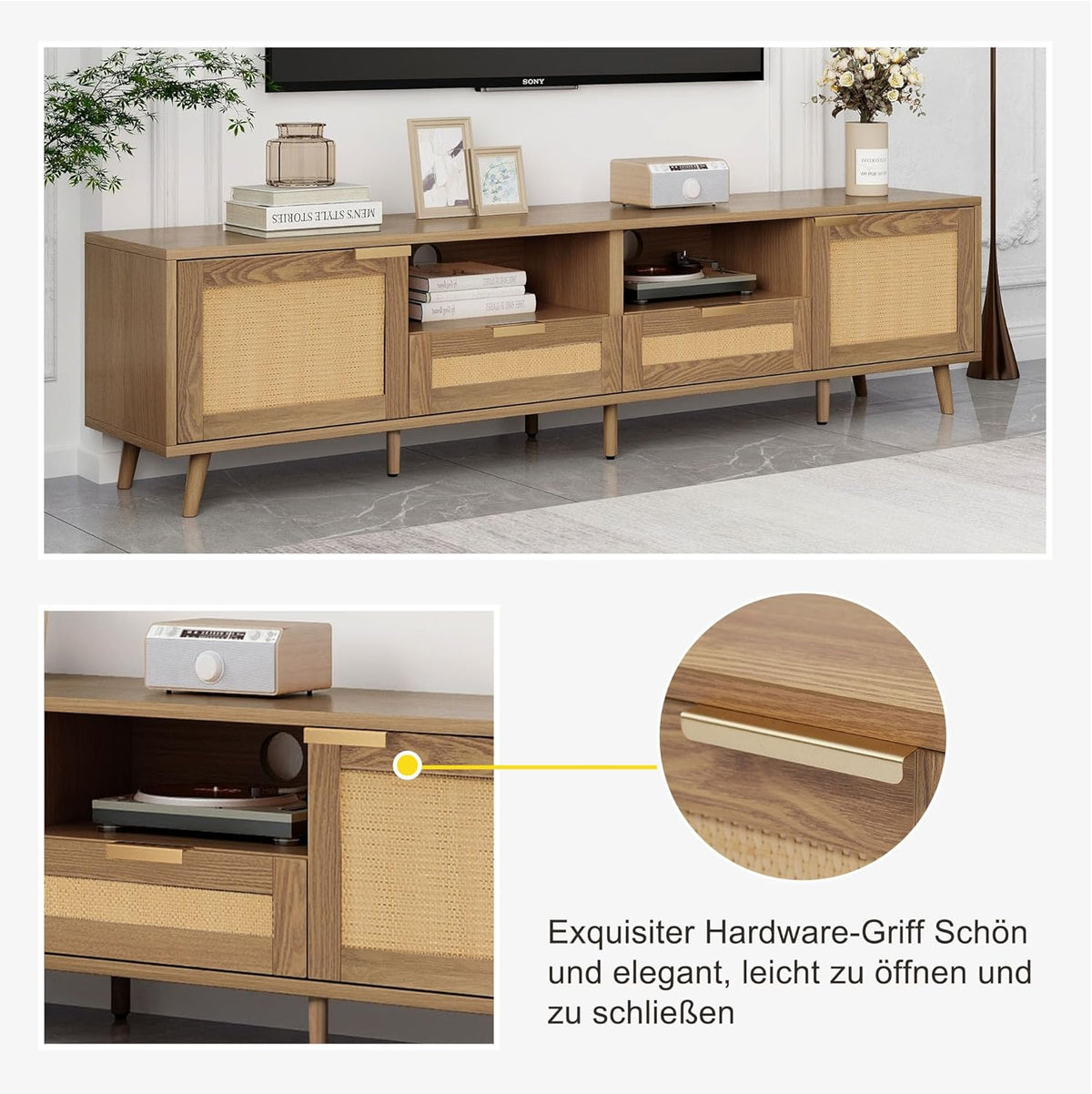 Jaxenor Meuble TV en rotin 200 cm, meuble de télévision, commode TV pour le salon, meuble de rangement pour écran 85 pouces, meuble TV avec beaucoup d'espace de rangement, 2 tiroirs, 2 portes, chêne