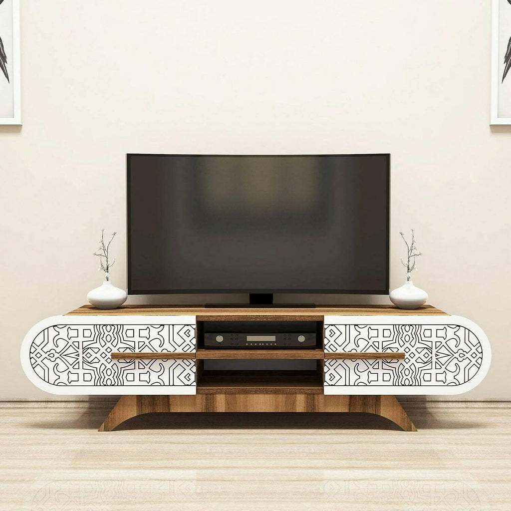 Dmora - Meuble TV Alud, Buffet de Salon, Armoire Basse pour TV, Base Murale équipée, 145x37h37 cm, Noyer et Blanc