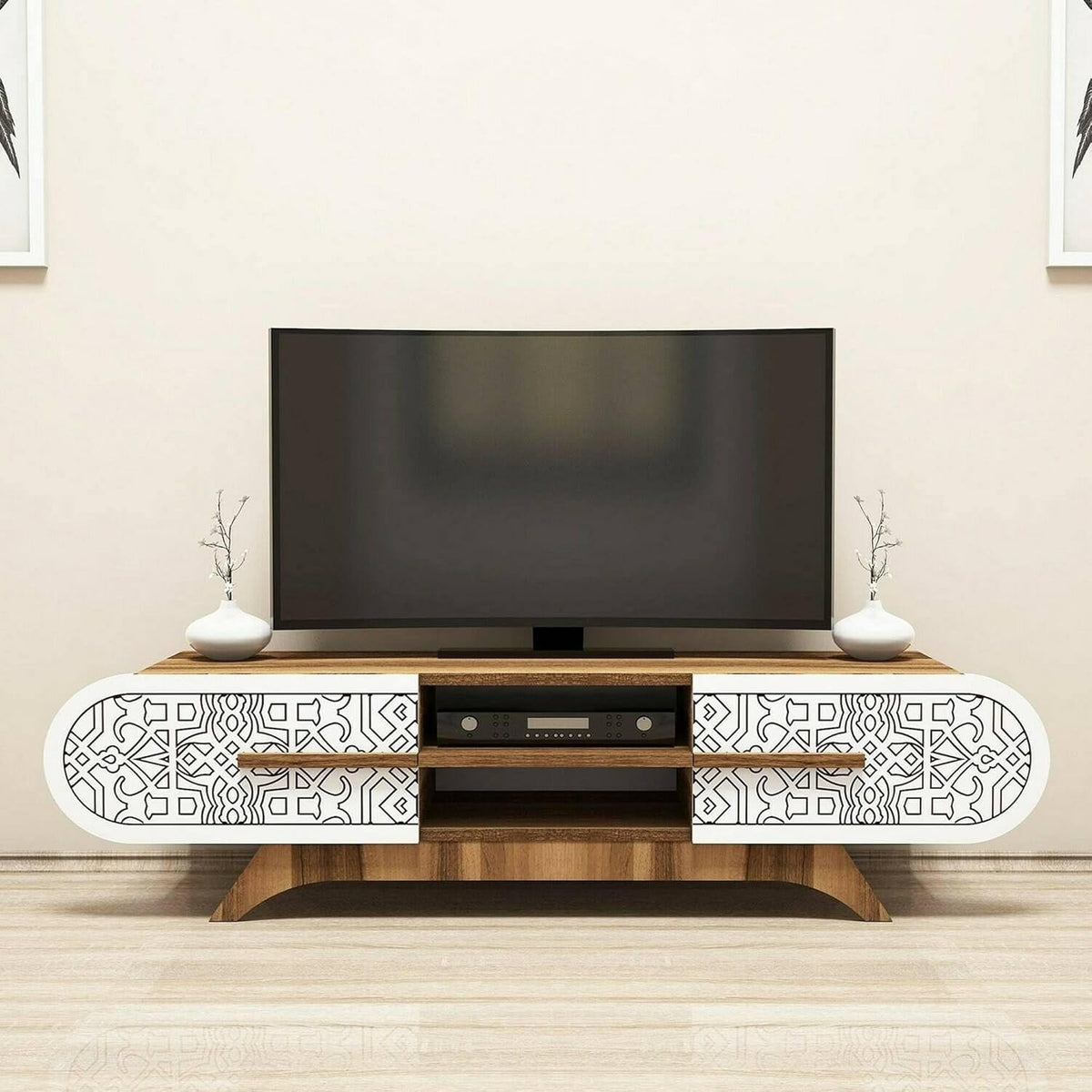 Dmora - Meuble TV Alud, Buffet de Salon, Armoire Basse pour TV, Base Murale équipée, 145x37h37 cm, Noyer et Blanc