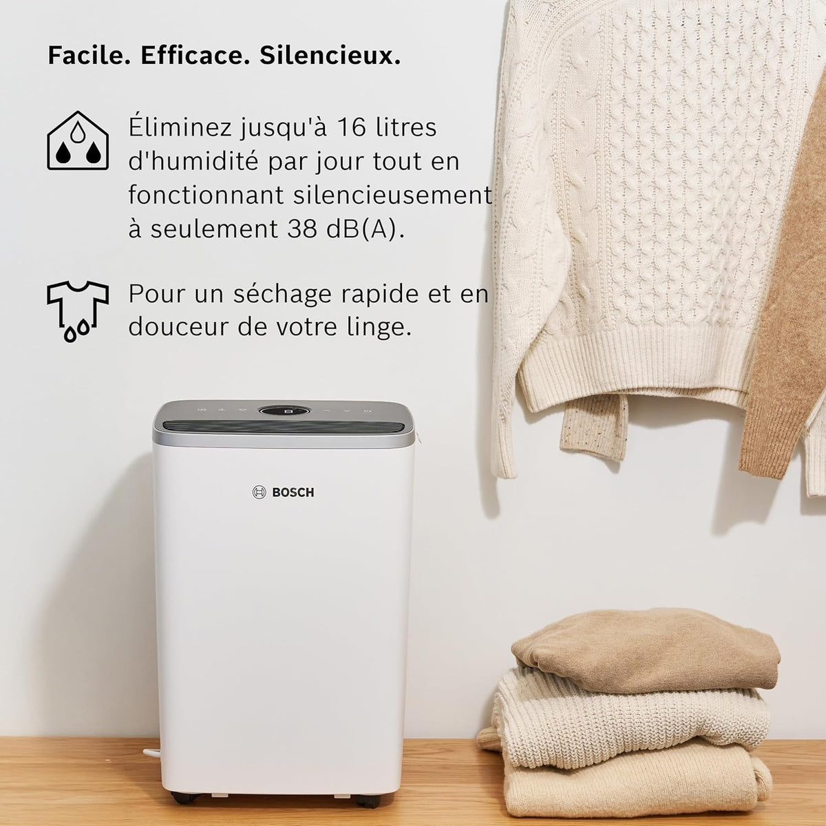 Bosch Dry 4000 - Déshumidificateur - Facile. Efficace. Silencieux. Pour la maison et la chambre - Pour jusqu'à 33m² - Séchage rapide du linge