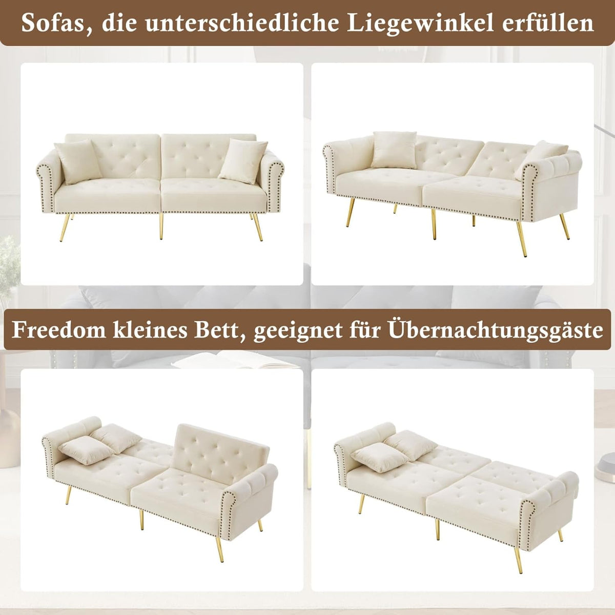 KOMHTOM Canapé-lit avec Dossier Réglable en 3 Positions, Canapé 2 Places élégant avec 2 Coussins et Fonction Sommeil, pour Salon, Chambres à Coucher (Beige)