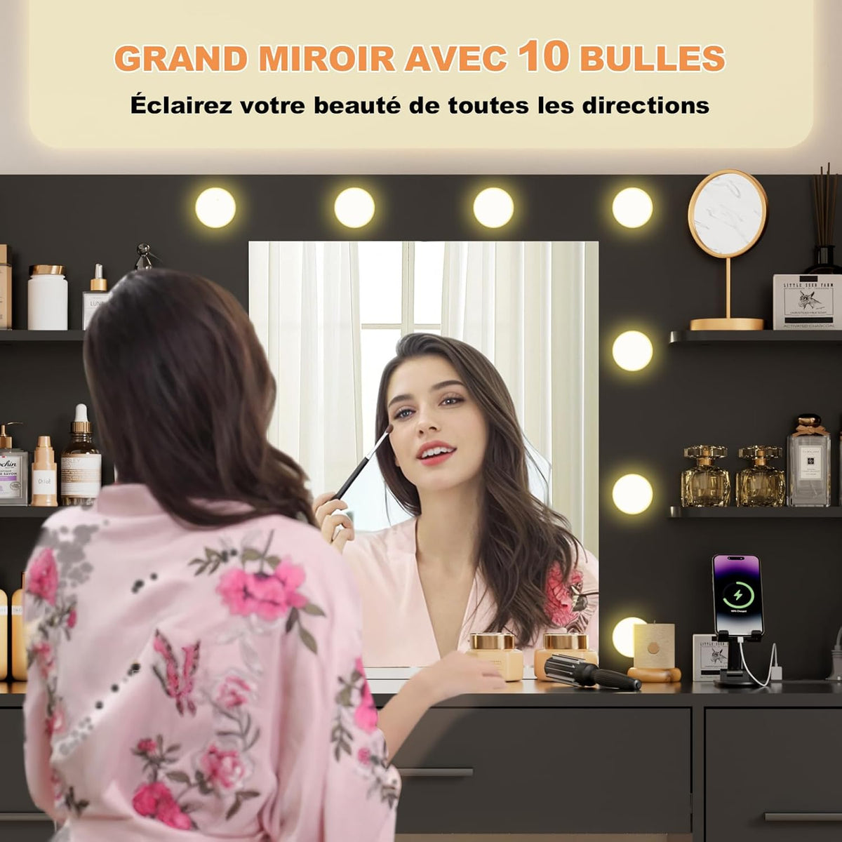 Airfish Coiffeuse LED, tiroir et prise, bureau de maquillage moderne avec étagères, commode pour chambre à coucher