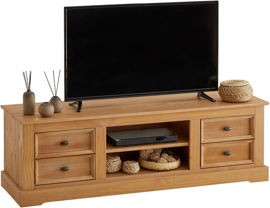 IDIMEX Meuble TV Kent Banc télévision en pin Massif Finition cirée 144 x 46 x 45 cm, avec 4 tiroirs et 2 niches