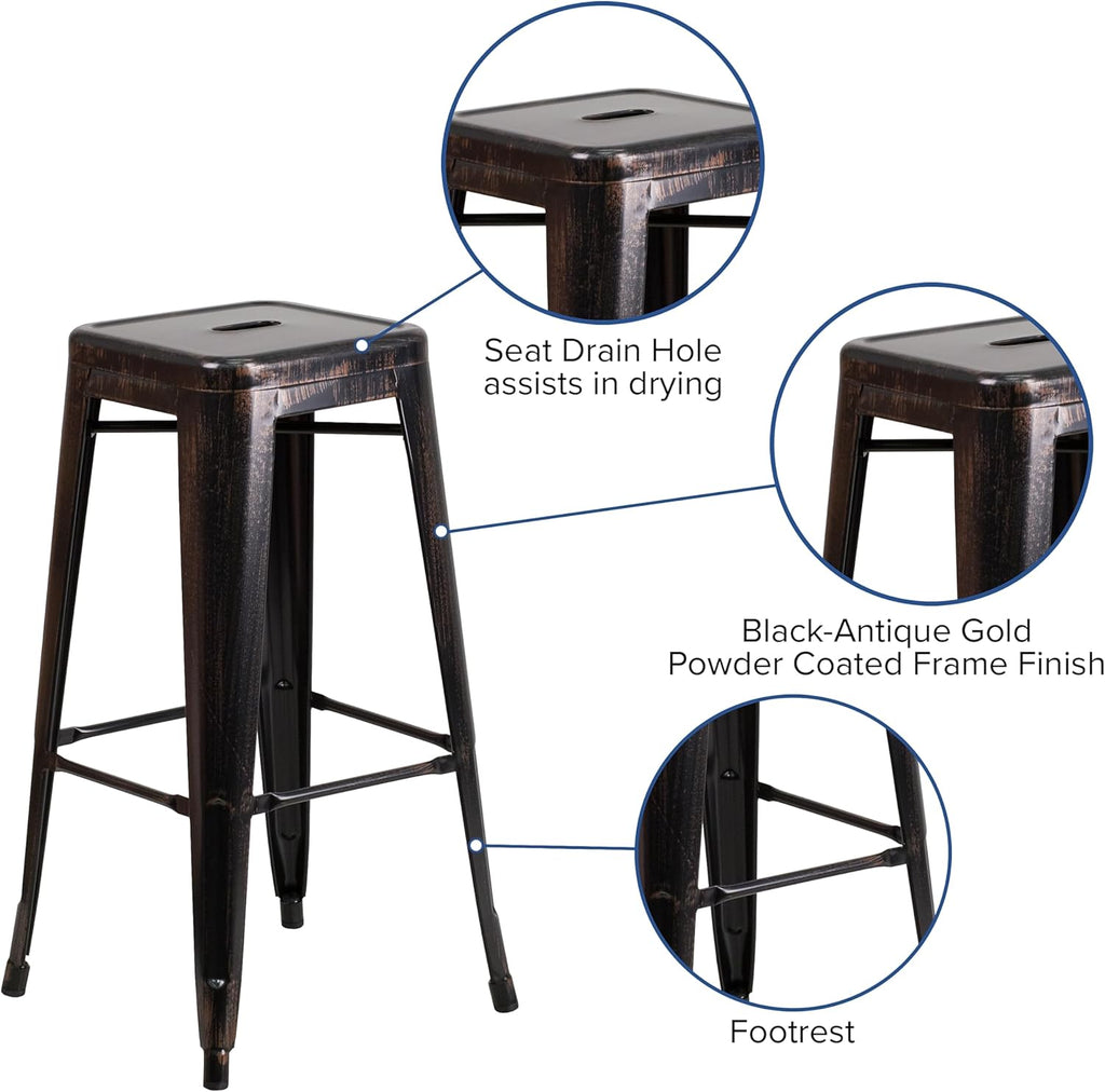 Flash Furniture Meubles Flash Tabouret de Bar en métal coloré pour Restaurant, Acier galvanisé, Plastique, Noir/doré Antique, Lot de 4