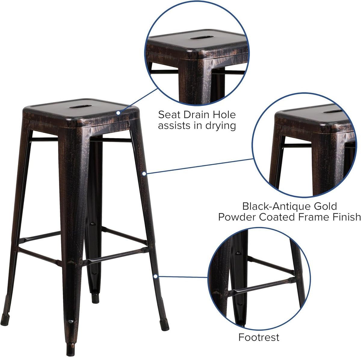 Flash Furniture Meubles Flash Tabouret de Bar en métal coloré pour Restaurant, Acier galvanisé, Plastique, Noir/doré Antique, Lot de 4