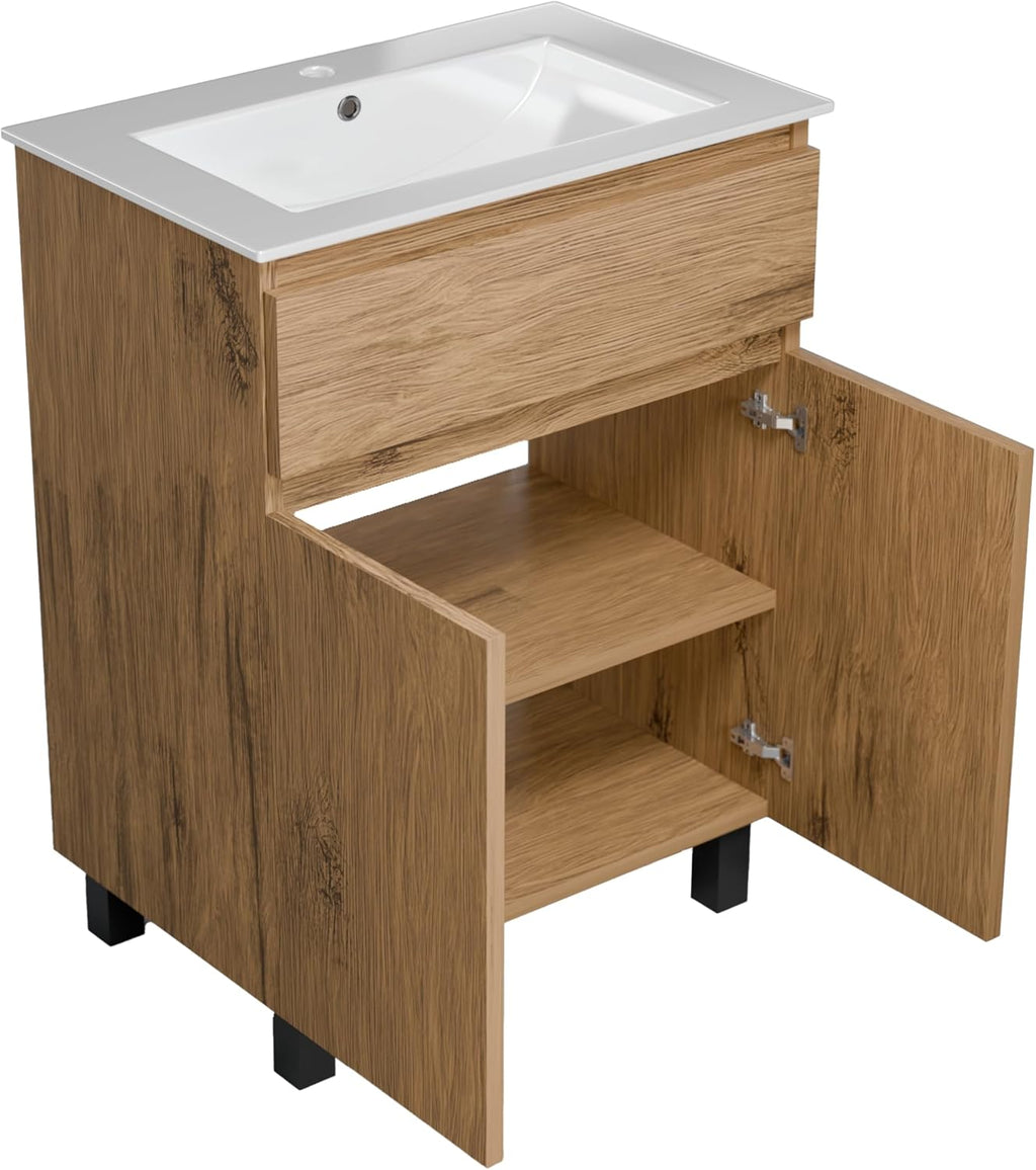 paplinskimoebel Meuble Salle de Bain 60 cm avec Vasque Ariza Sink | Meuble sous lavabo avec 1 tiroir et 2 Portes | Suspendu ou Debout | Bois Chêne