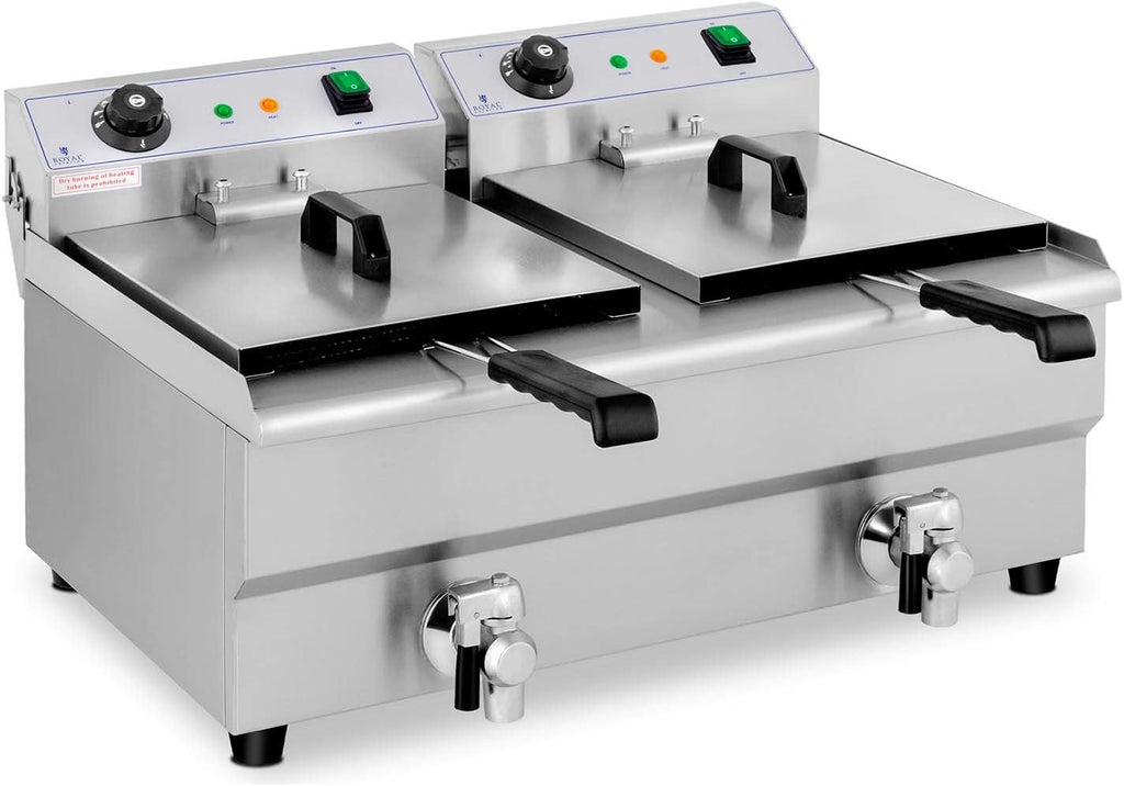 Royal Catering Friteuse Électrique 2 x 13 L, Zone Froide, Thermostat, De Restaurant Double Avec Robinet Professionnelle Commerciale