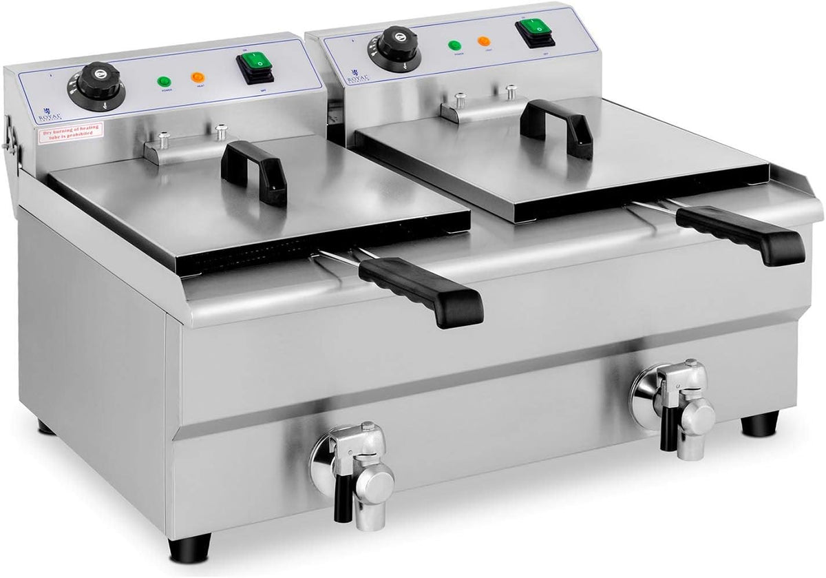 Royal Catering Friteuse Électrique 2 x 13 L, Zone Froide, Thermostat, De Restaurant Double Avec Robinet Professionnelle Commerciale