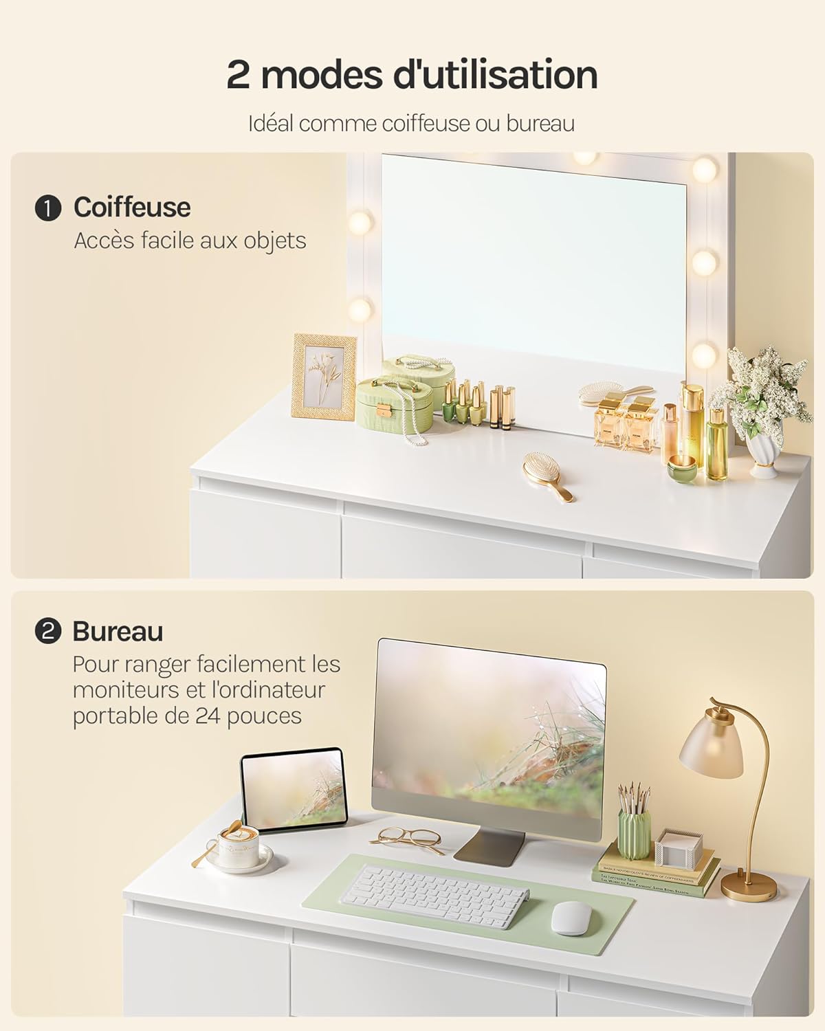 WOLTU Coiffeuse avec Miroir LED et Tabouret, Luminosité Réglable, avec 7 Tiroirs, 107x39,5x140,5cm, Blanc