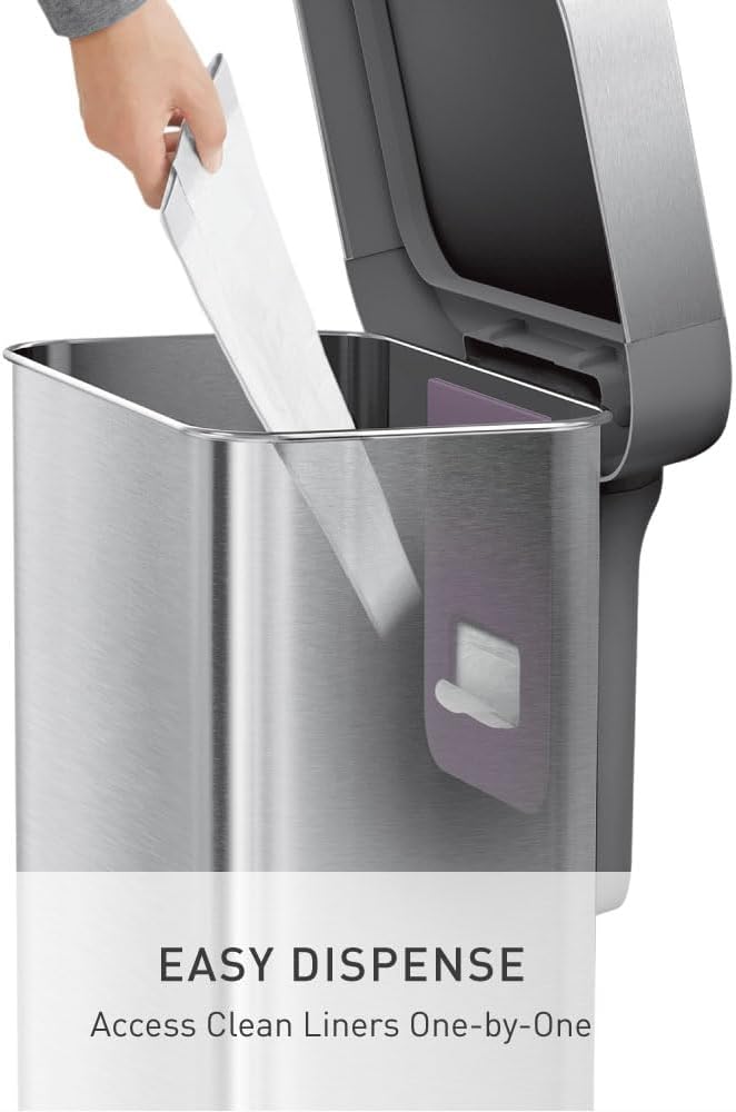 simplehuman CW2023 poubelle rectangulaire à pédale, avec réserve à sacs, poubelle de cuisine, acier inoxydable brossé, 55 litres