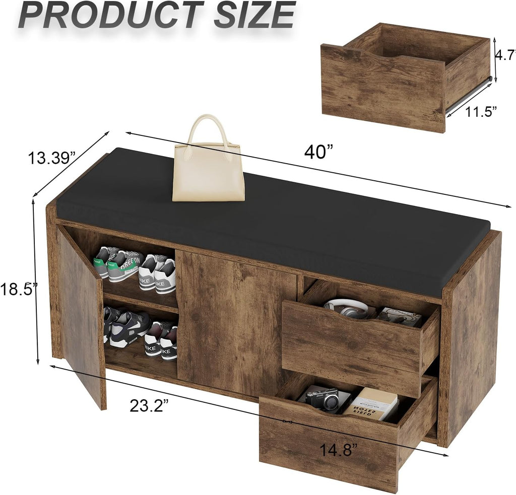 LVB Banc de Rangement Multifonction Banc à Chaussures rembourré avec tiroir pour entrée Salon ou Chambre Couleur Marron Rustique 101 x 45 x 34 cm