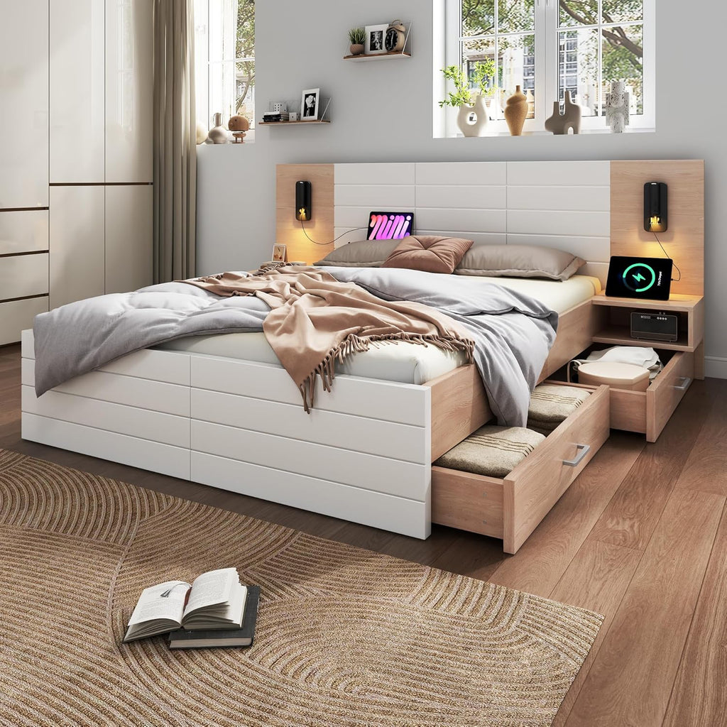 Lit double en bois - 180 x 200 cm - Avec 2 tiroirs - Lampe de tête de lit - Lampe de lecture avec fonction de charge USB - Lit moderne avec 2 commodes de chevet - Cadre de lit et sommier à lattes -
