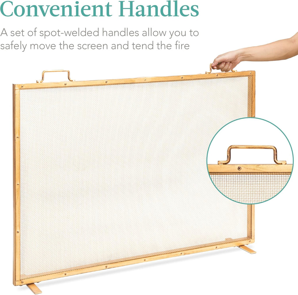 Best Choice Products Paravent de cheminée en maille d'acier fabriquée à la main 99,1 x 73,7 cm pour décoration de salon, chambre à coucher avec poignées – Or antique