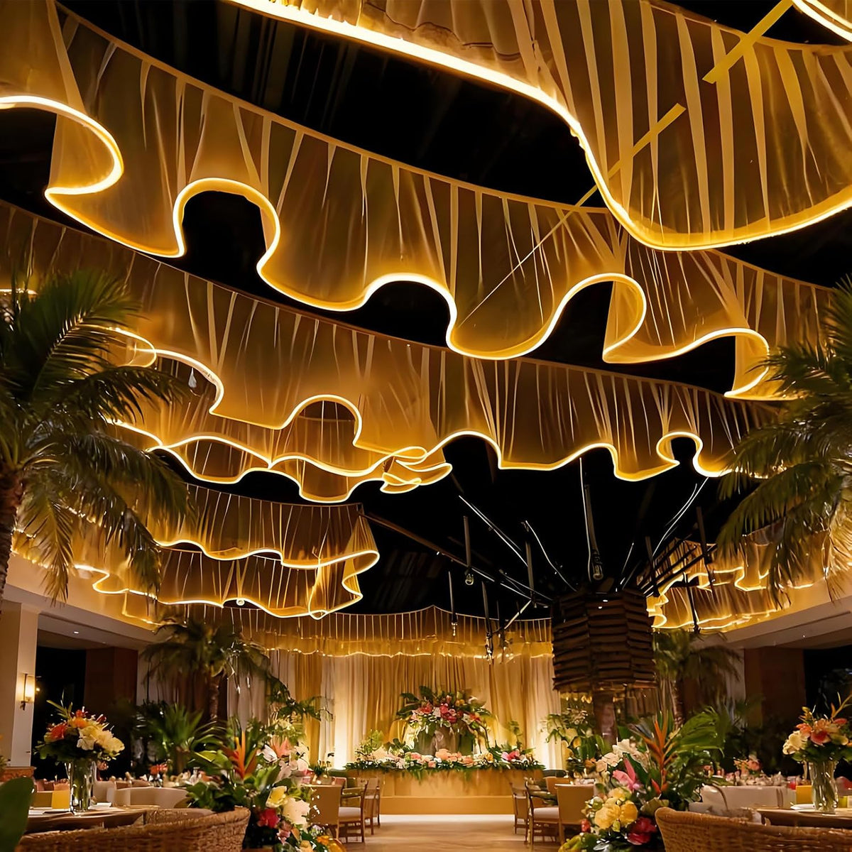 BANGBANGJI Rideaux Transparents, Bande Lumineuse de Plafond, Installation Facile, utilisable en Toutes Saisons, pour Anniversaires, fêtes, Mariages 100mx0.5m-ChampagneVeil+WarmLight