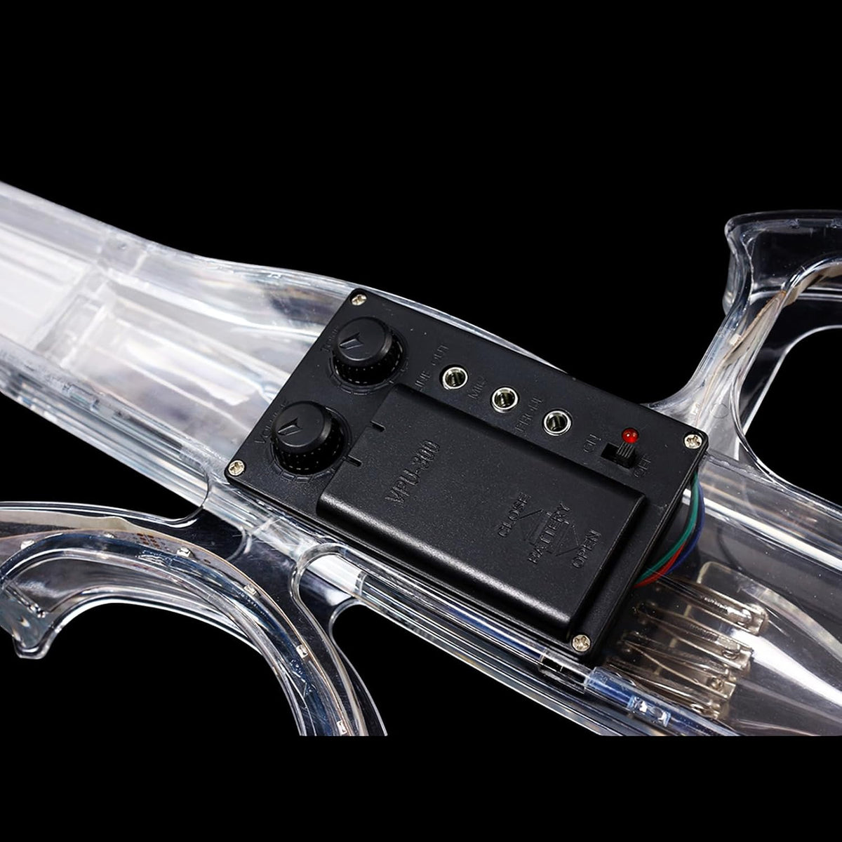 WUQIMUSC Violon électrique taille 4/4, corps en verre acrylique transparent, 3 couleurs, lumière LED, joli ton avec étui, ruban, elv-led