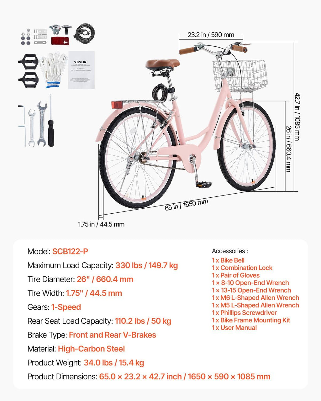 VEVOR Vélo croiseur, Vélo de Plage avec Panier de Grande capacité, Porte-Bagages arrière et siège réglable, sécurisé et Robuste, pour Cyclisme..