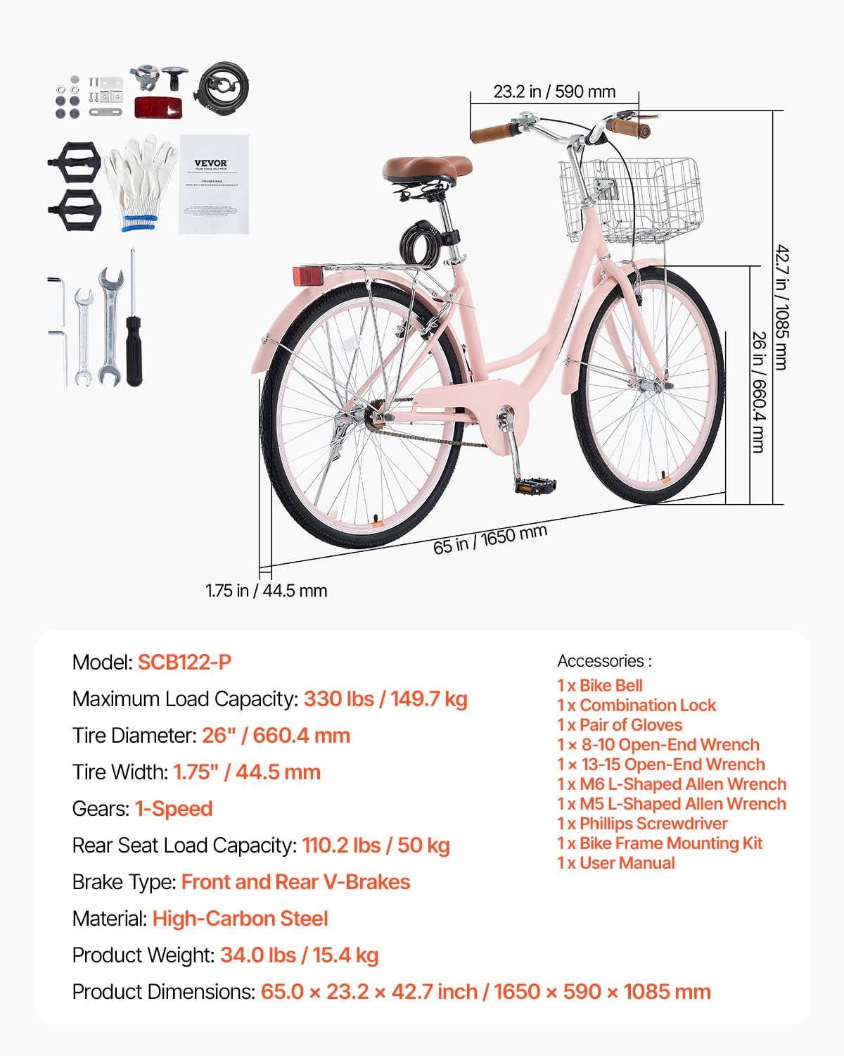 VEVOR Vélo croiseur, Vélo de Plage avec Panier de Grande capacité, Porte-Bagages arrière et siège réglable, sécurisé et Robuste, pour Cyclisme..