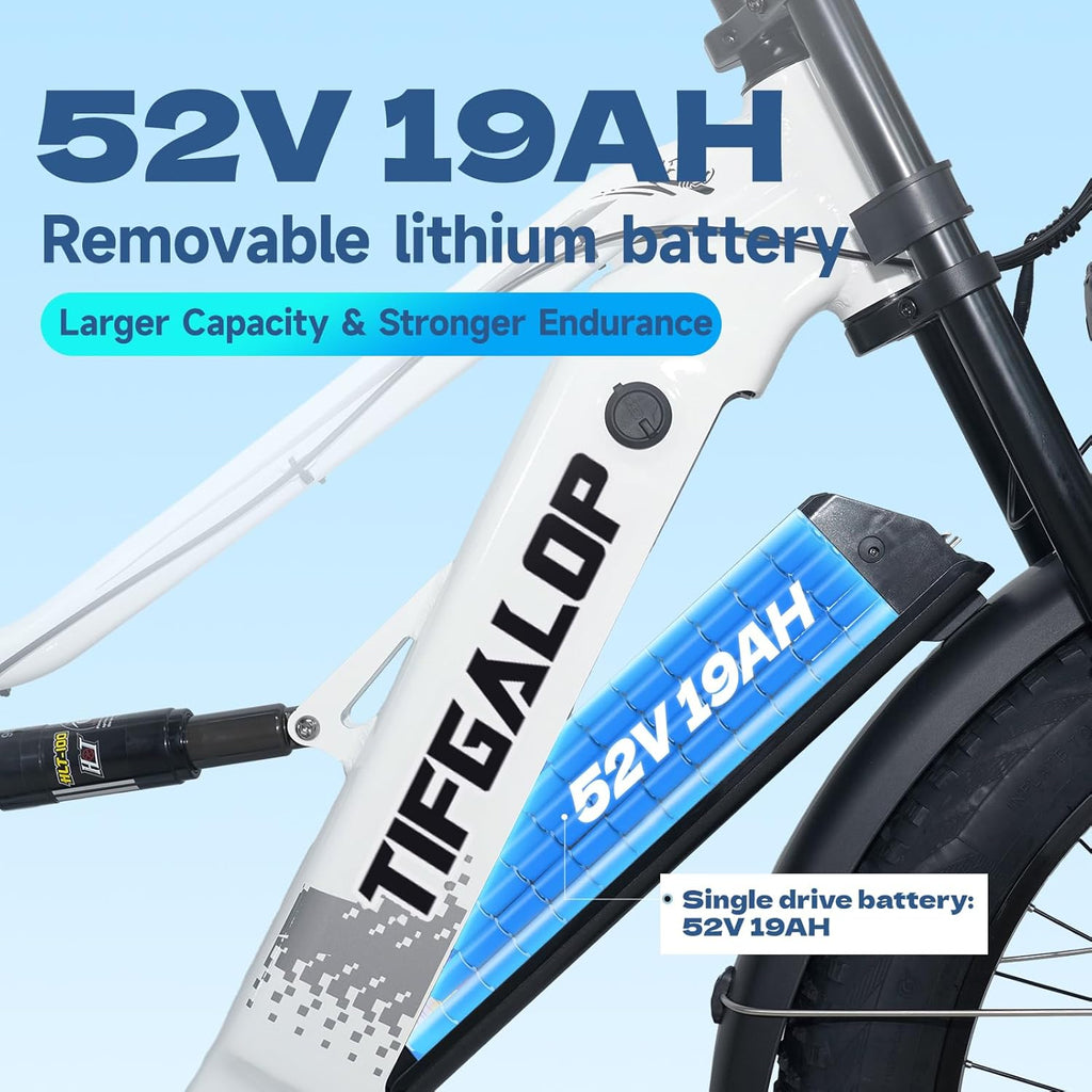 Lohang Vélo électrique pour Adultes, VTT 26 Pouces, Batterie 52 V 19/21 Ah, autonomie jusqu'à 40-90 km, Moteur Unique/Double, Double amortisseurs, 7 Vitesses, vélo électrique de Plage et de Neige