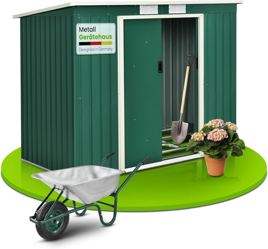 Juskys Abri de Jardin en métal de 4m³ avec Toit en Pente, Porte coulissante et Fondation - 213x130x173cm - Outils de Jardin en Acier (Vert)(M)