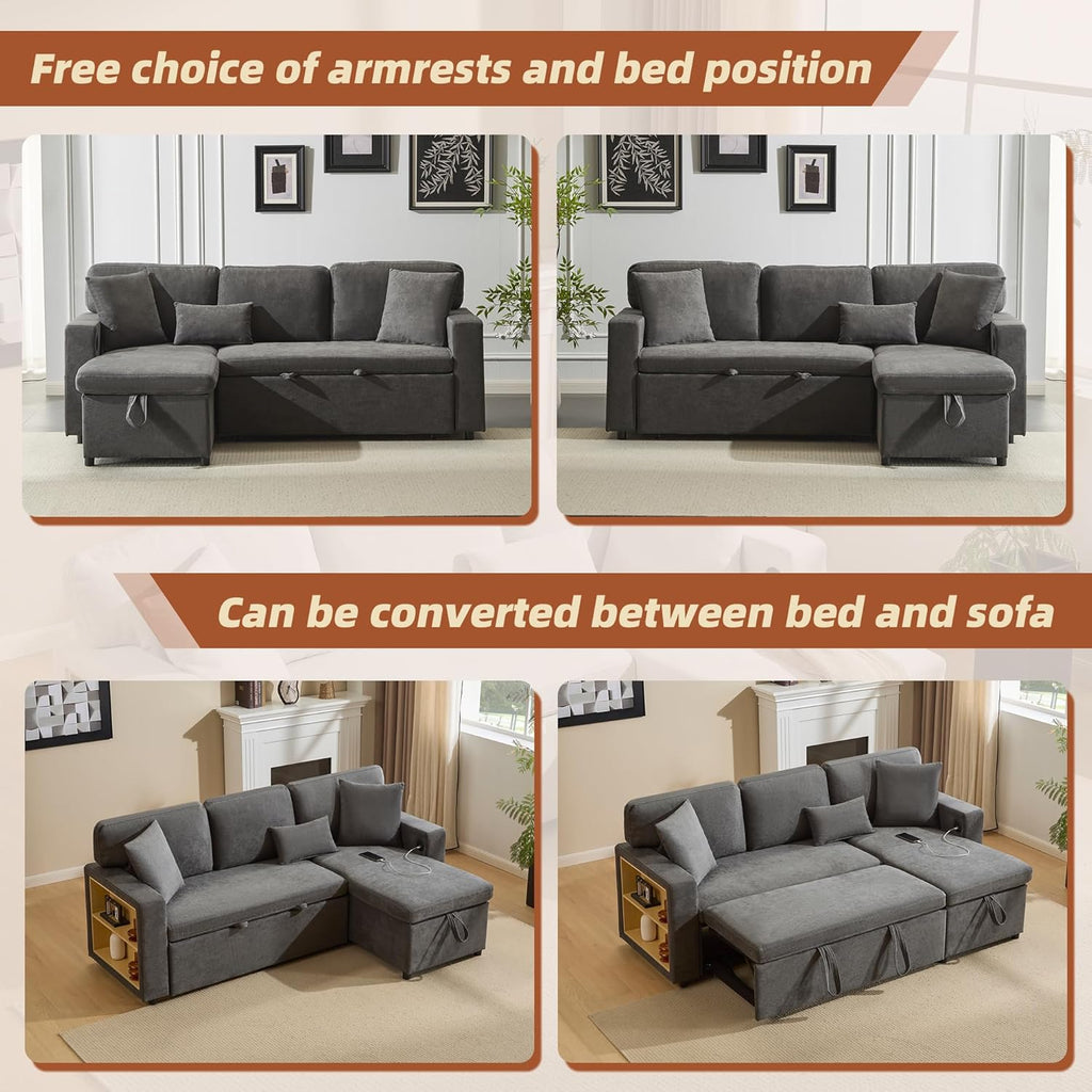Canapé convertible 3 places en forme de L avec USB et étagère intégrée, meubles rembourrés, convertible avec tiroir de lit, meuble de salon, gris foncé