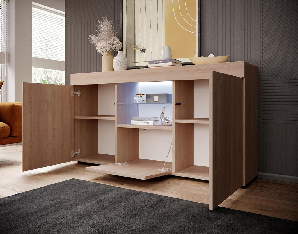 MB Muebles Bonitos, Buffet Sefora pour Salon et Salle à Manger avec Lumière LED, Meuble TV en Mélamine Mate, Couleur Sonoma, 135x72x34 cm