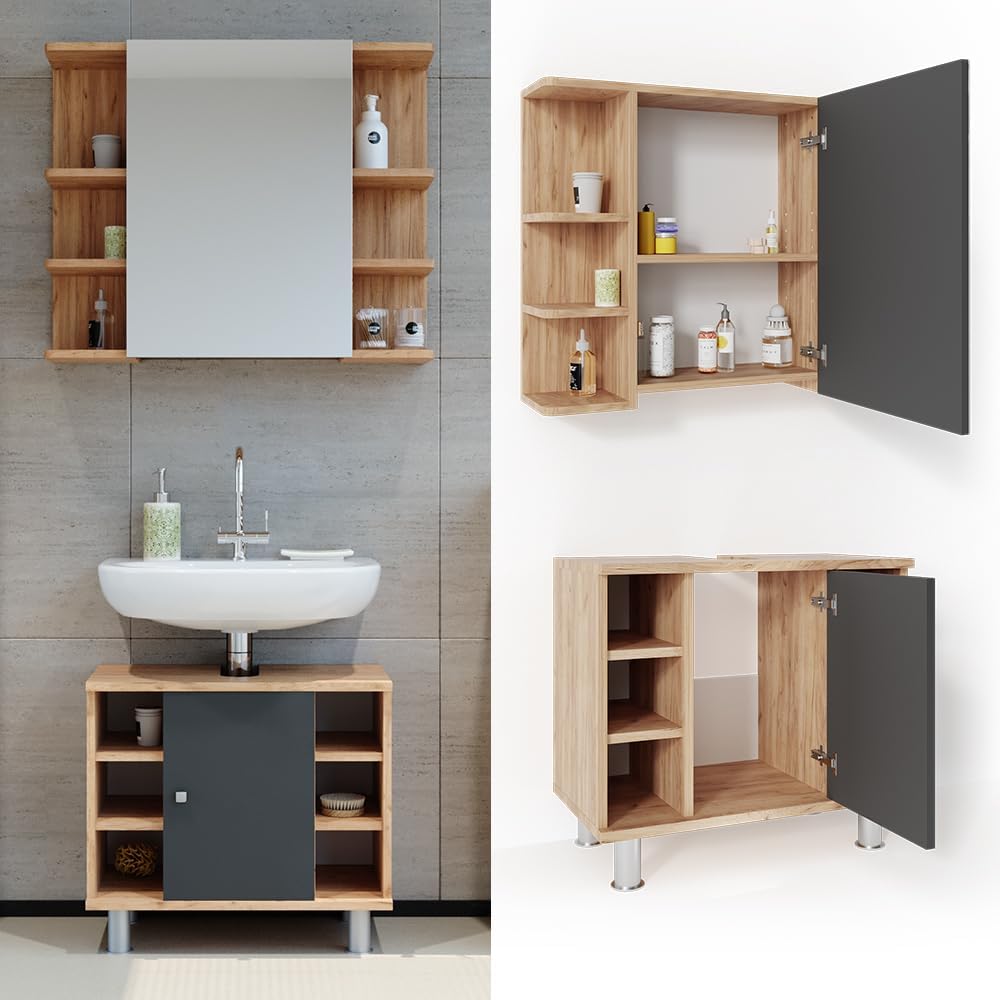 Vicco Ensemble de Meubles de Salle de Bain Fynn, Chêne/Anthracite, 2 Parties