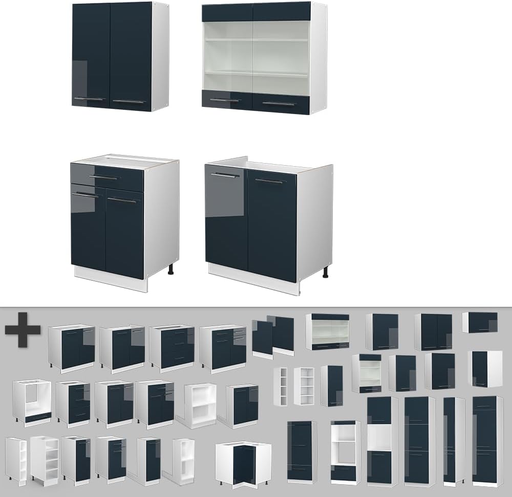 Vicco Cuisine Fame-Line, Bleu foncé Brillant/Blanc, 140 cm, PT Marbre