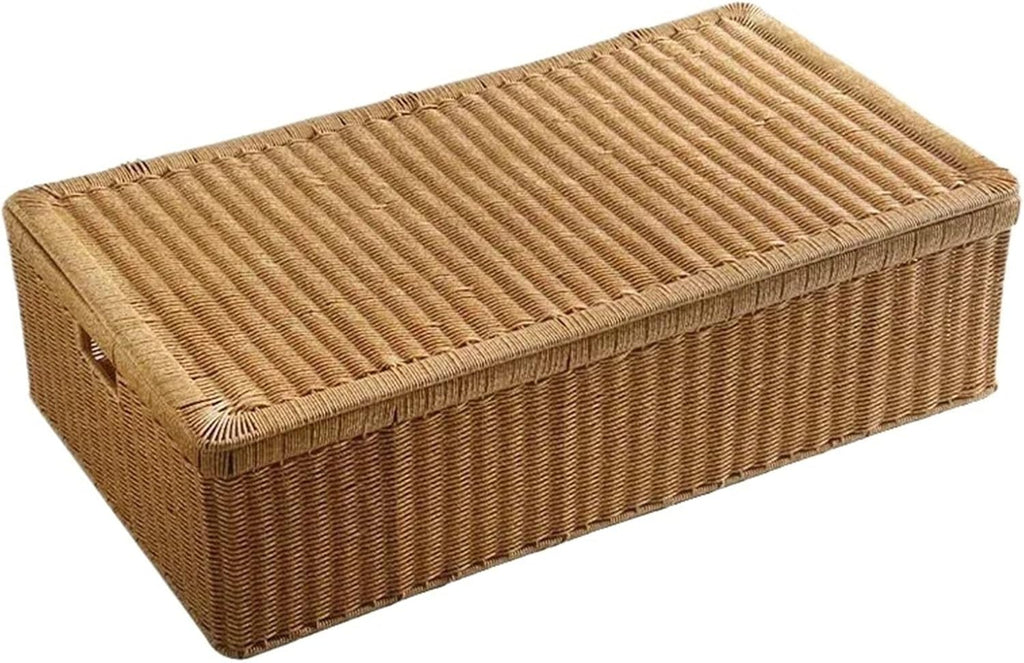 Panier Rangement avec Couvercles Boîtes de rangement en rotin imitation tricoté, organiseur vêtements et couettes avec couvercle, panier plat for le sous lit(75cm)