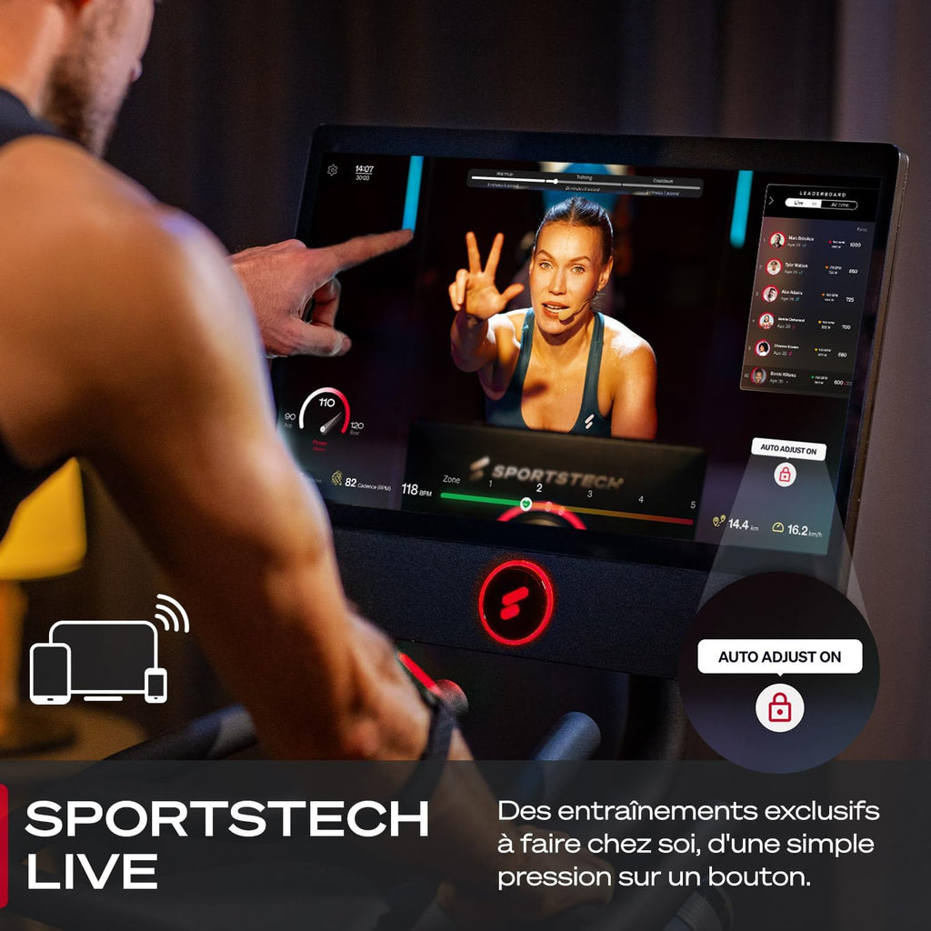 Vélo d'intérieur Smart sBike, écran tactile de 21,5" + LED| avec cours en direct et à la demande + expérience d'entraînement du corps entier | Vélo d'exercice Speedbike Sportstech Fitness Bike
