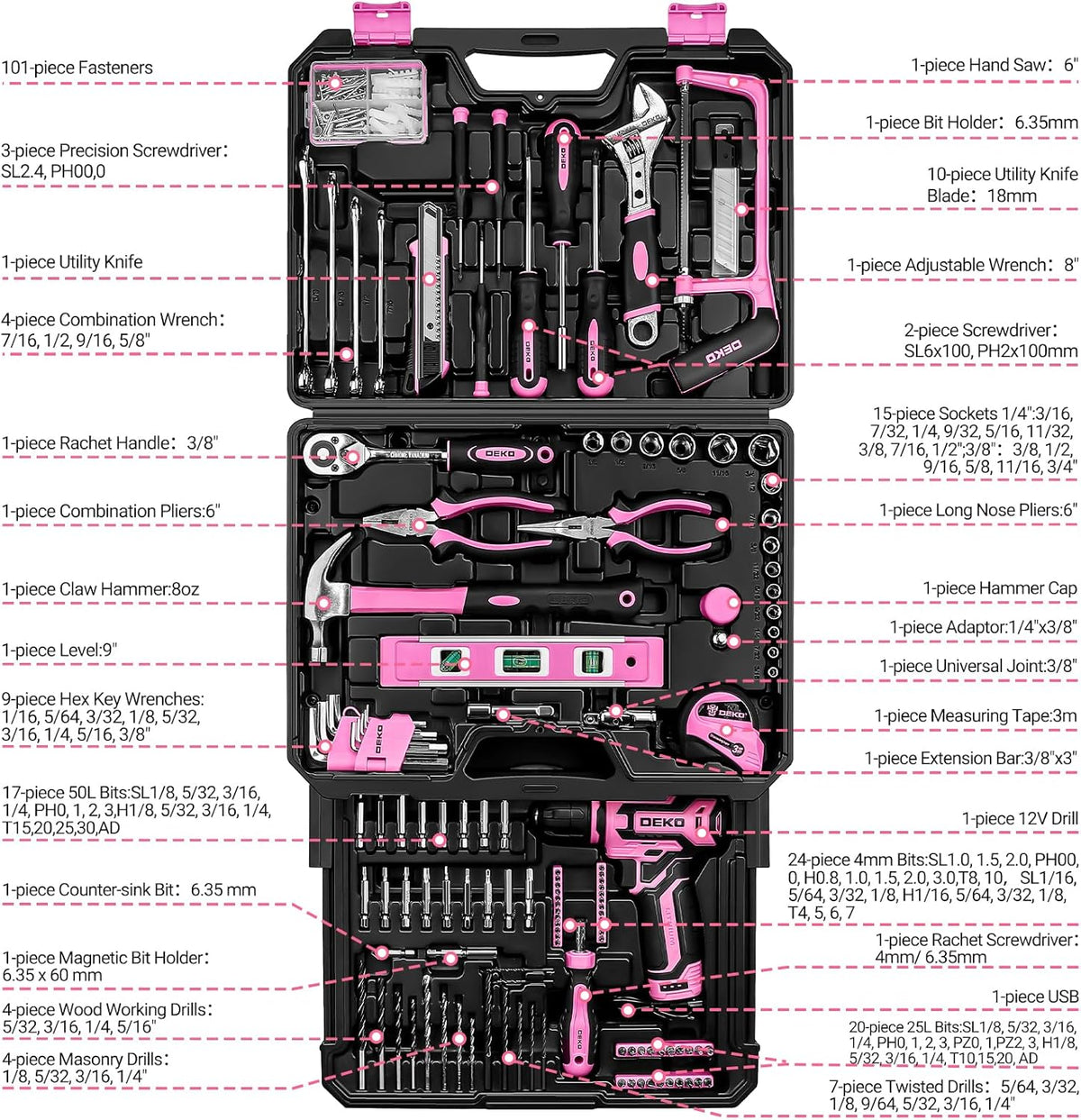 Ensemble d'outils roses 238 pièces avec perceuse