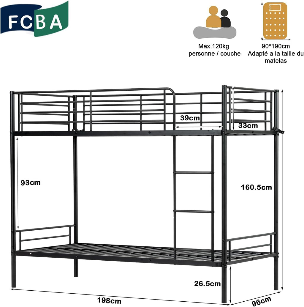 Meuble Cosy Lit superposé 2 Personnes Cadre de Lits 90x190cm en métal pour Enfant Chambre à Coucher Maison