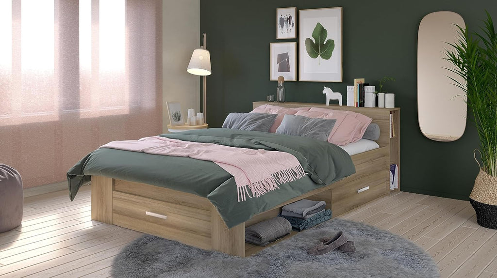 Lit avec Rangement 140x190 Style Contemporain 3 Tiroirs - Coloris Chêne - 150,1 x 217,1 x 74,3 cm