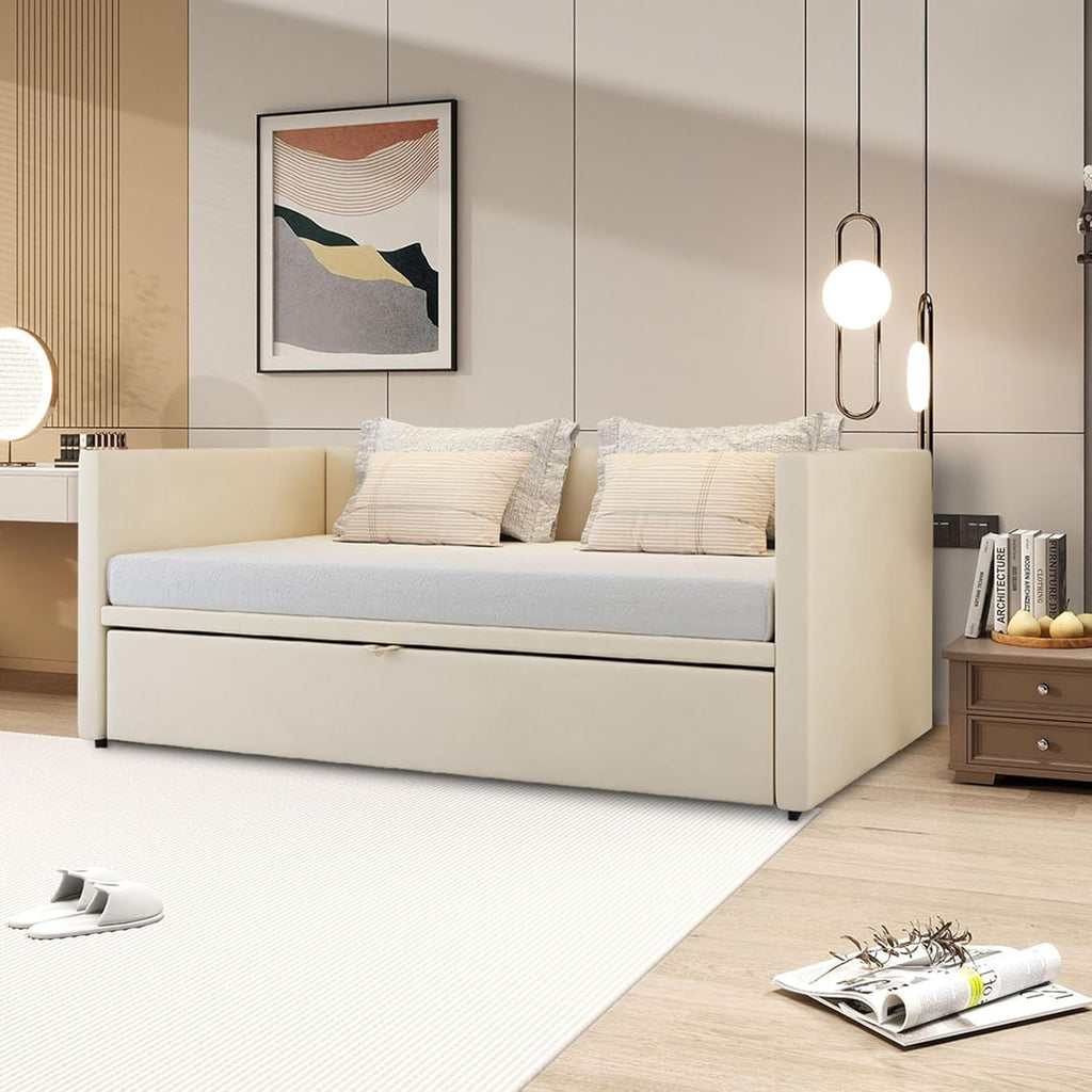 Canapé lit 2 Places 90/180 x 200 cm, Canapé-lit Convertible rembourré avec sommier à Lattes, Canapé Convertible Extensible pour Salon, No Matelas (Beige, Velours)