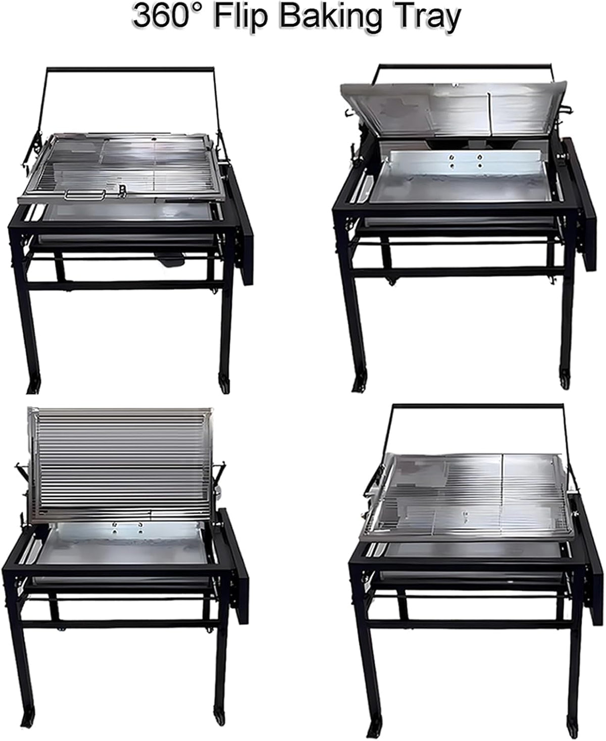 ZICHOUYING Barbecue au charbon de bois robuste, carré et amovible pour l'extérieur, grille de cuisson rotative 360° et debout avec roues pour camping