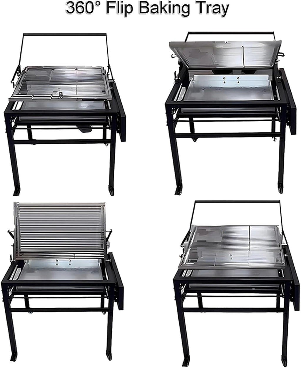 Barbecue au charbon de bois robuste, carré et amovible pour l'extérieur, grille de cuisson rotative 360° et debout avec roues pour camping