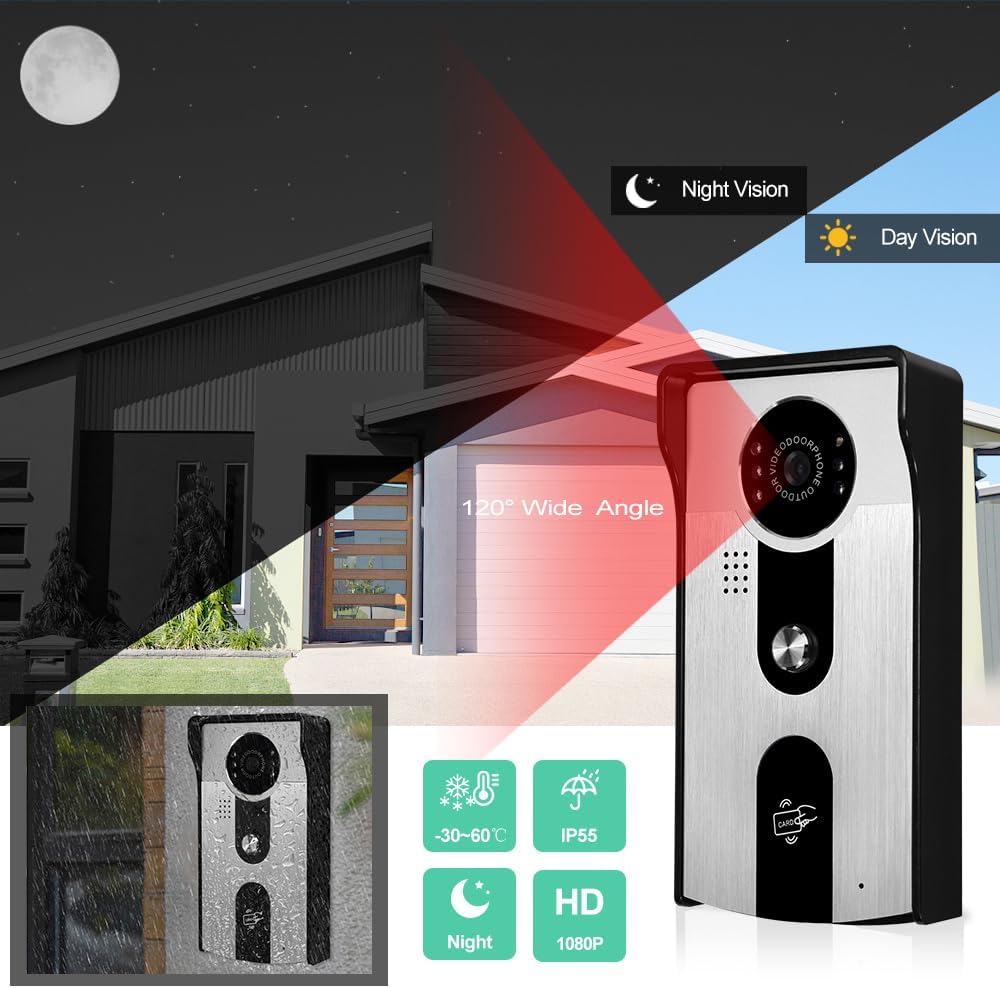Wifi Tuya Accueil Vidéo Sonnette Interphone Système 7 Pouces Couleur écran Tactile Affichage Intérieur + 1080P HD RFID Caméra Extérieure IR Vision Nocturne