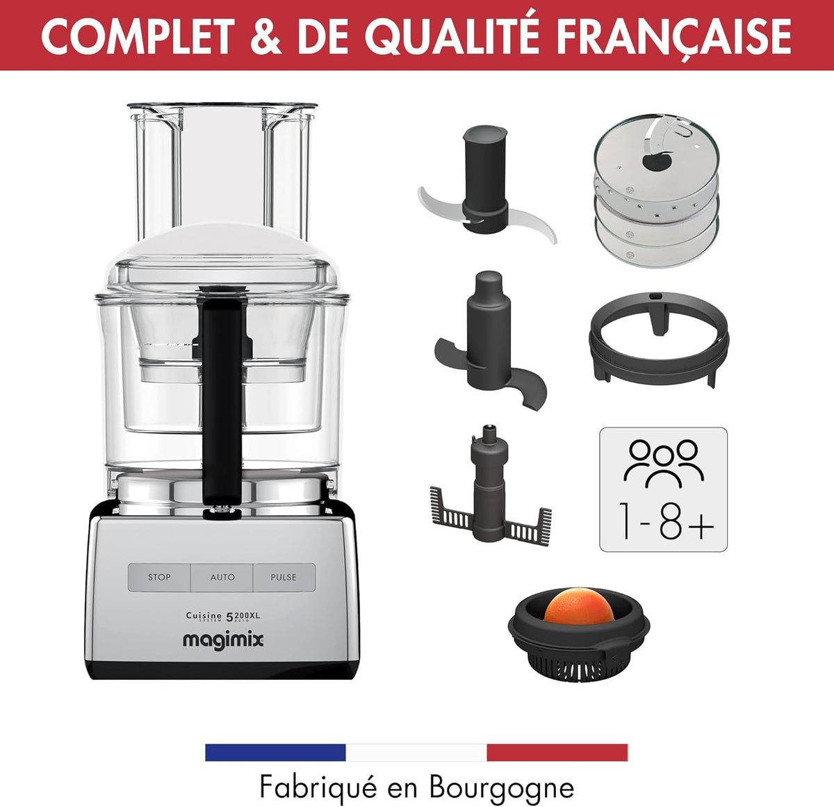 Magimix Robot de Cuisine Multifonction CS 5200 XL - Hachoir, Blender, Presse Agrumes - Bol 3,6L - Fabriqué EN FRANCE - Chrome brillant