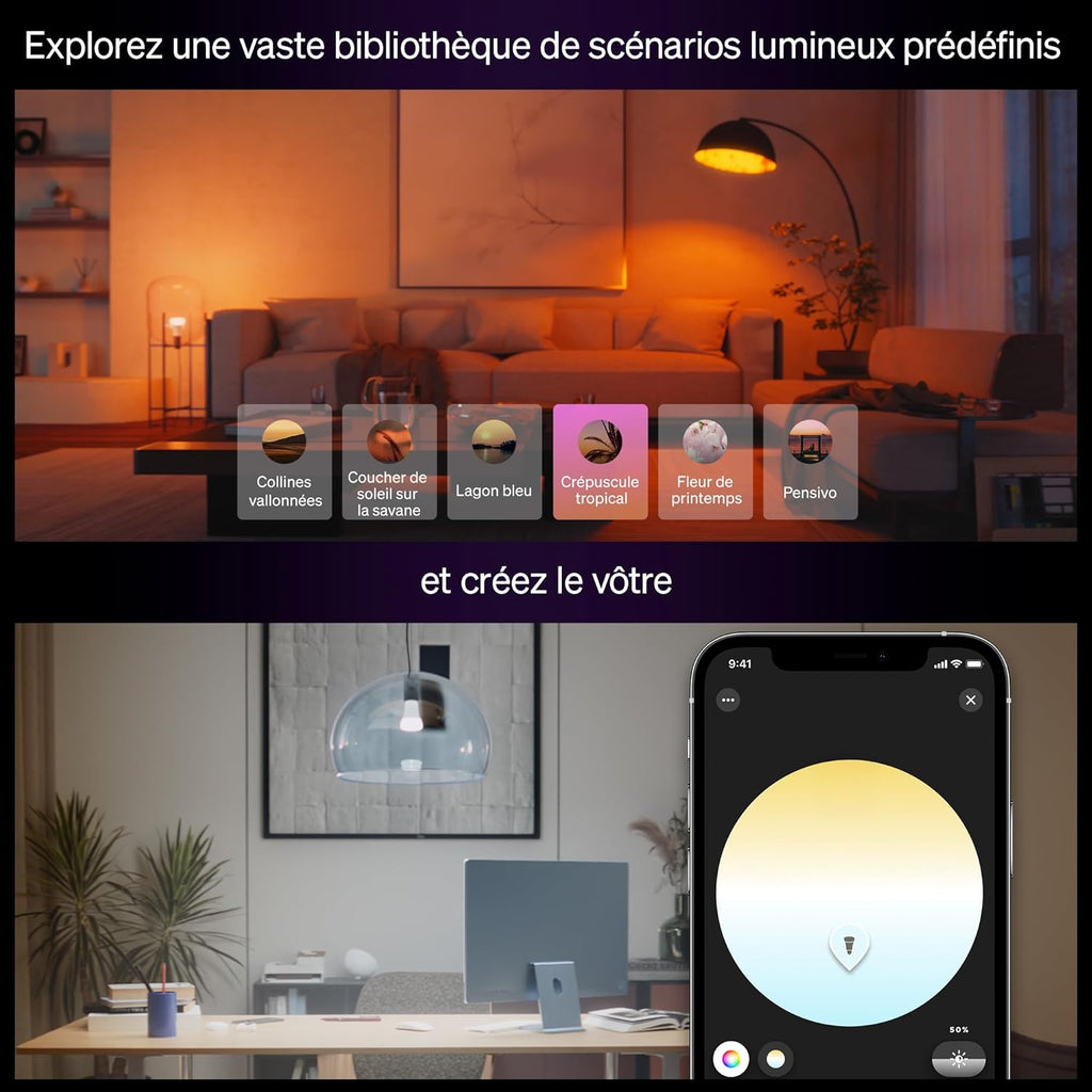 Hue Ampoule LED connectée A60, White and color, Culot E27, 6 W, Spectre complet 1000-2000 K, 810 lumens, Intensité variable, Compatible avec Alexa, Google Assistant et Home, pack de 4