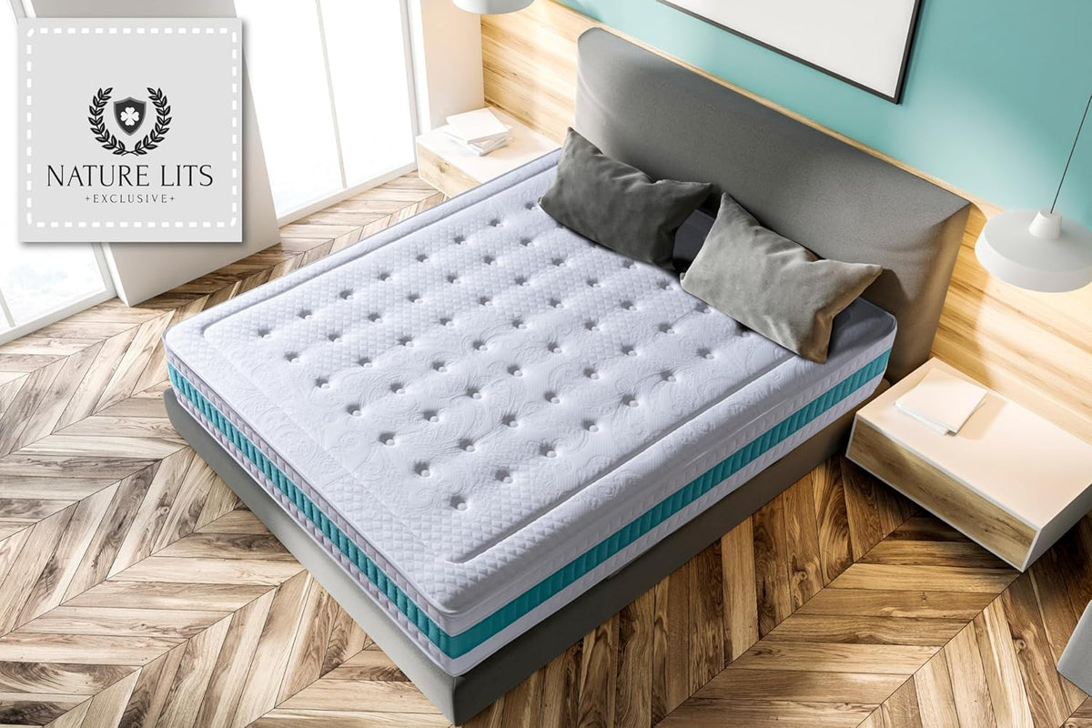NATURELITS Matelas 180X200 cm Ferme Moyenne Haut Confort Double Hiver Été Noyau à Ressort Ensaché Ressorts Ensachés Mousse à Mémoire Couleur Gris Serene Hybrid Épaisseur 30 cm