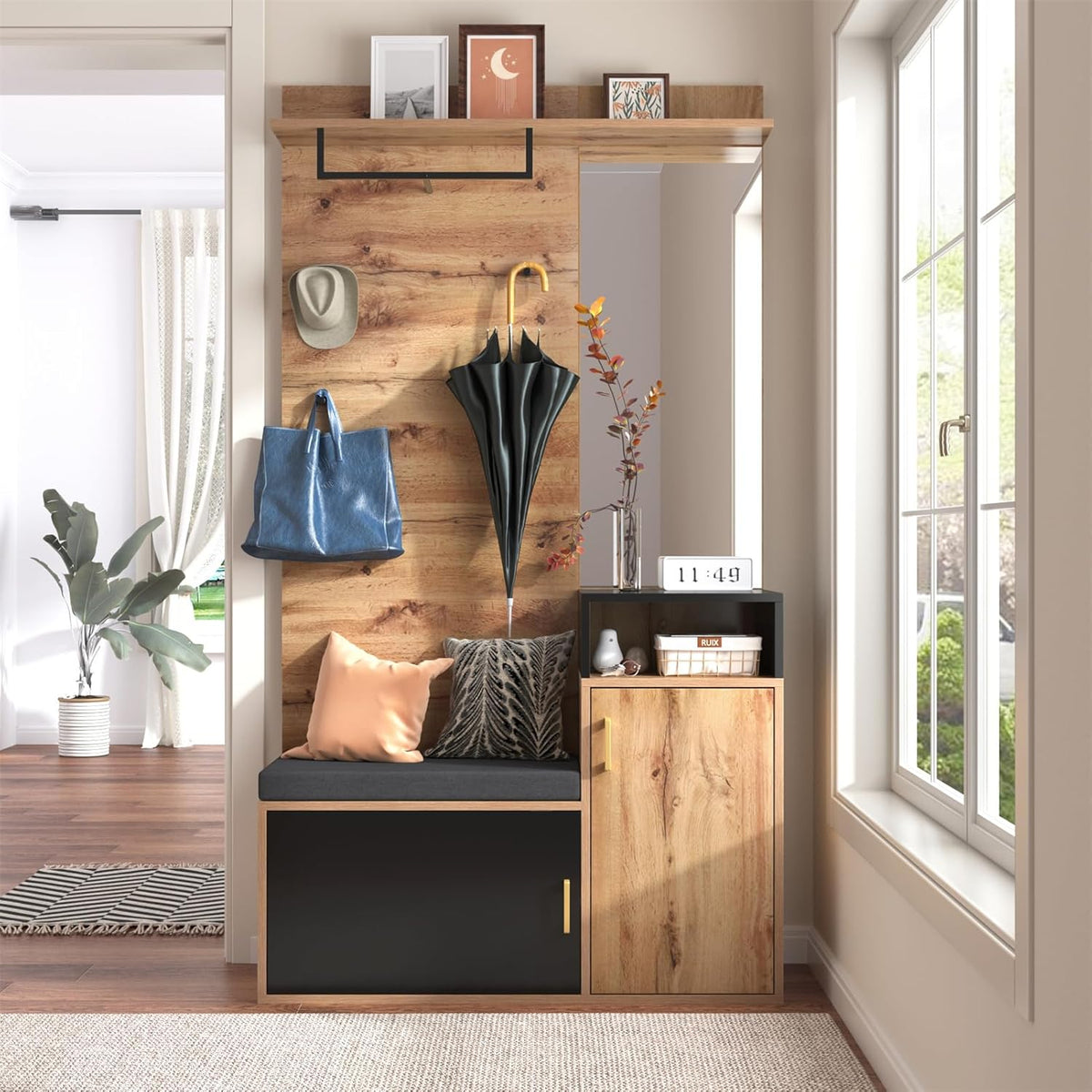 Sweiko Lot de 4 porte-manteaux avec 4 patères, miroir, armoire à chaussures, porte-manteau mural, étagère supérieure, couloir banc