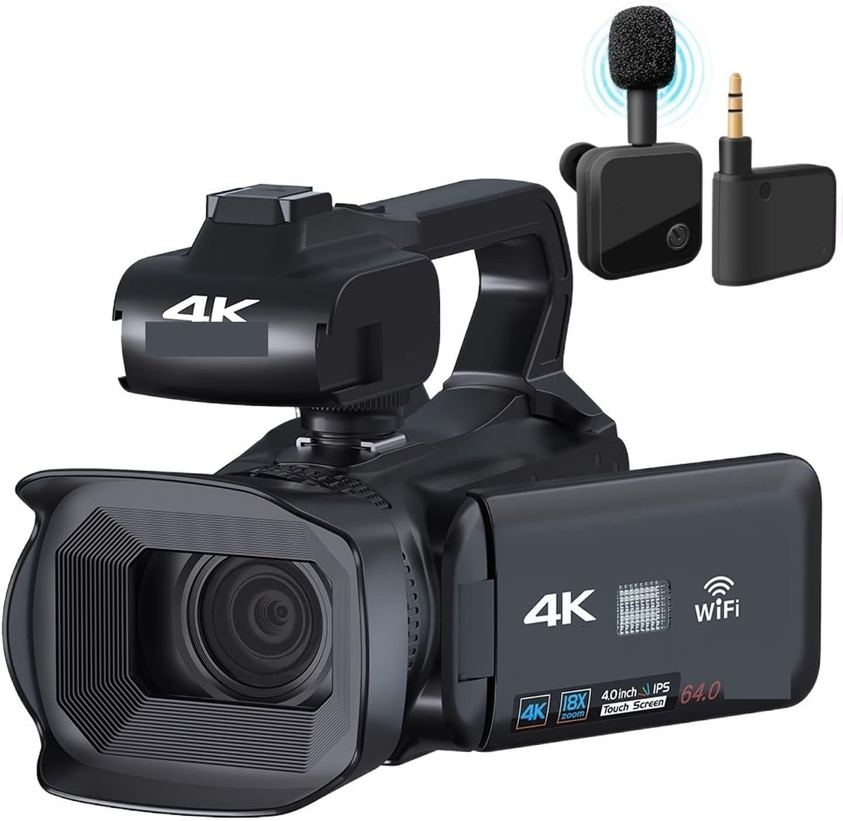 Camescope Numerique, Caméra vidéo 4K diffusion en direct caméscope professionnel 64MP photographie appareil photo numérique rotation écran tactile enregistreur Vlog(32G SD Card,With Microphone)