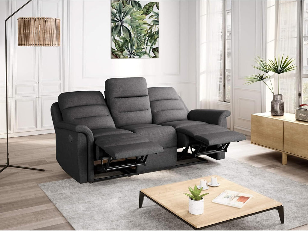 LOUNGITUDE - Canapé de Relaxation Manuel 3 Places en Tissu - Gris foncé