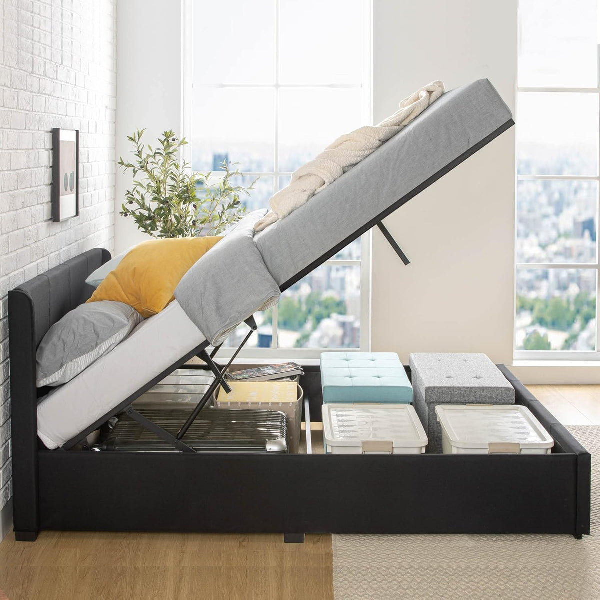 Zinus Maddon Lit 140 x 200 cm - Hauteur 31 cm avec Espace de Rangement sous Le lit - Cadre de lit rembourré avec Espace de Rangement - Noir