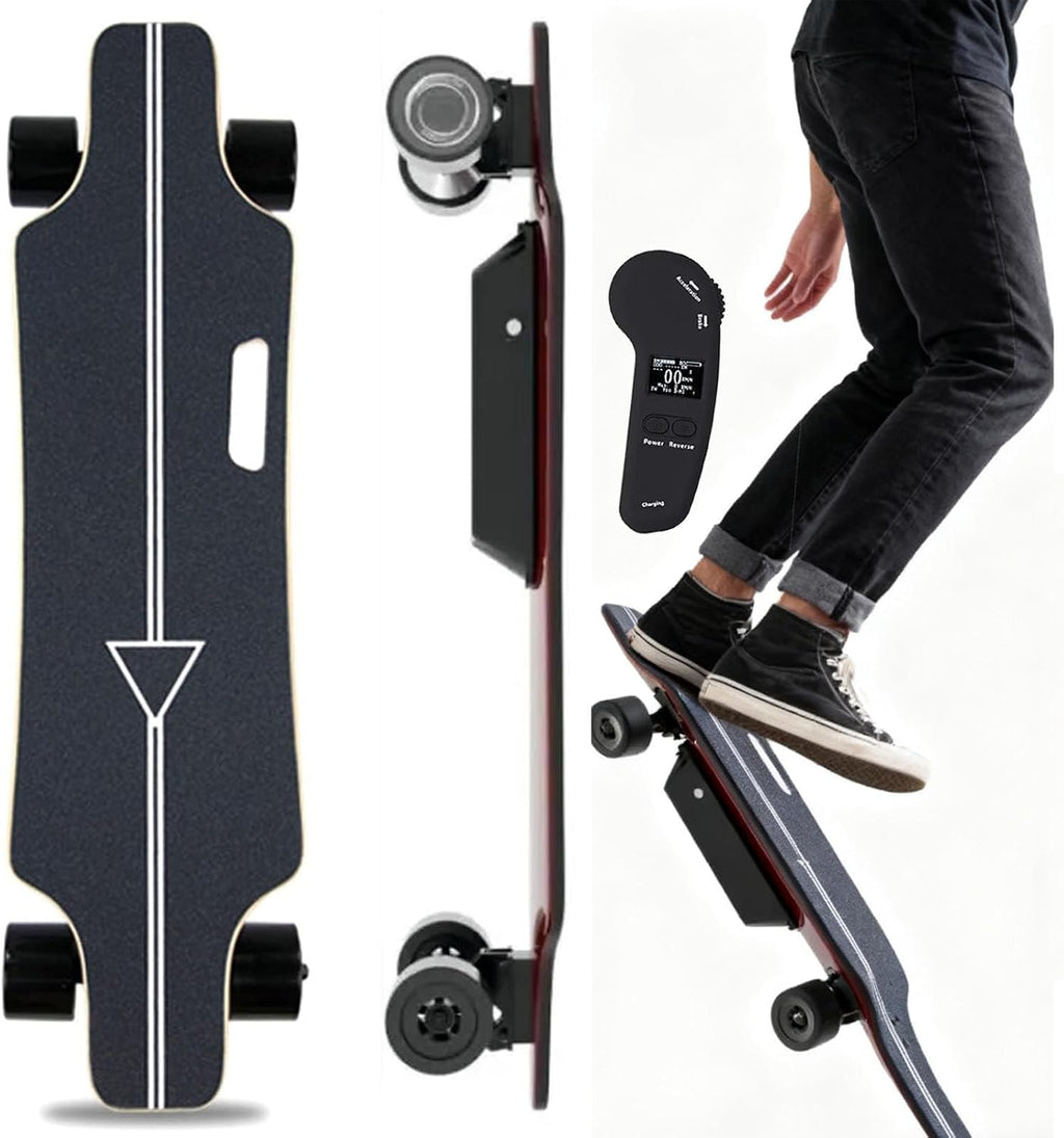 menglanchang Longboard éLectrique avec TéLéCommande:Vitesse Maximale 20/25Km/H,Autonomie 8/15/22/30km,4 Vitesses,Roues Absorbant Chocs Et PoignéE Transport,Skateboard éLectrique pour Campus,Ville 8km