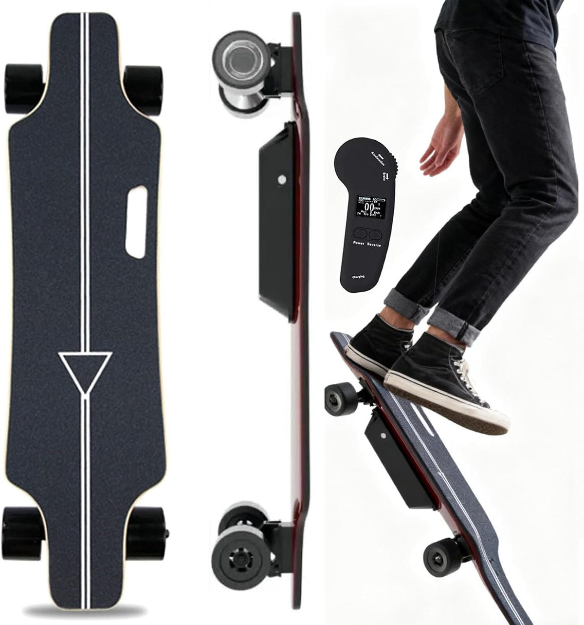 menglanchang Longboard éLectrique avec TéLéCommande:Vitesse Maximale 20/25Km/H,Autonomie 8/15/22/30km,4 Vitesses,Roues Absorbant Chocs Et PoignéE Transport,Skateboard éLectrique pour Campus,Ville 8km