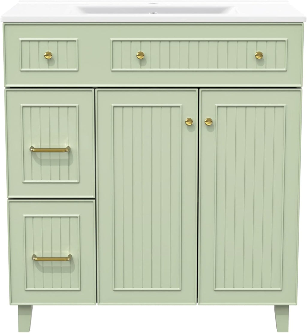 KOMHTOM Meuble de Salle de Bain avec, 2 Tiroirs, Poignée Métal et Étagère - 82 x 47 x 90cm Lavabo Simple Moderne - Armoire de Rangement en Bois (Vert)